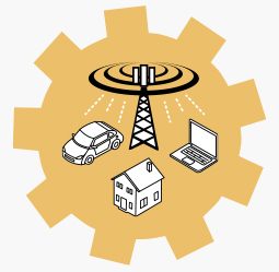 Antenna sending 5G signal to a car, house, and computer. IoT elements are against a yellow cogwheel.
