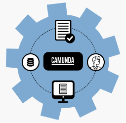 Visualization of automating administrative processes against a blue cogwheel.