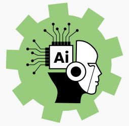 Robot z umysłem zasilanym przez sztuczną inteligencję na tle zielonego koła zębatego.