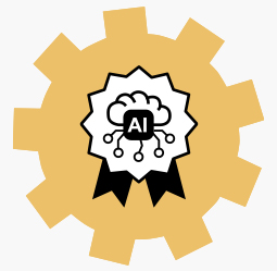 Icon of the Certified AI Governance Professional course – an artificial intelligence symbol set inside a badge, placed against a gear background
