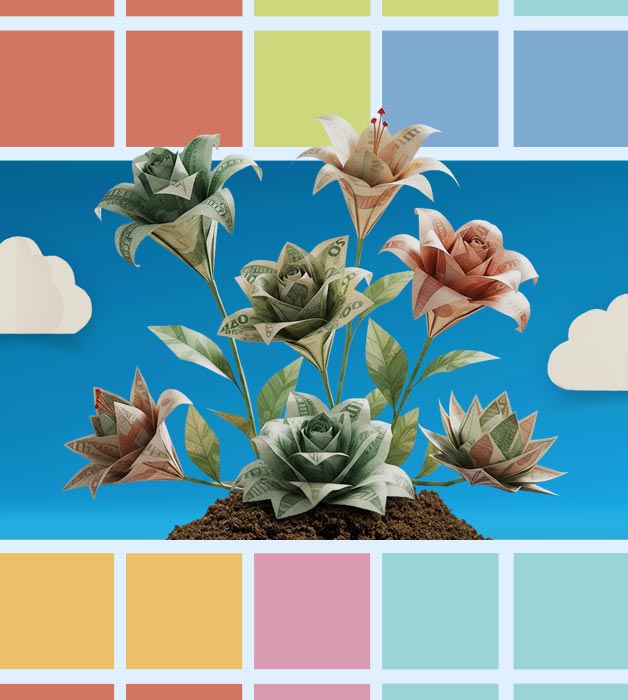 Szkolenia NobleProg jako inwestycja w rozwój – symboliczny kwiat złożony z banknotów ilustruje wzrost kompetencji i zwrot z inwestycji.